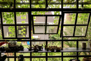 Janelas quadriculadas pretas de metal e vidro com aberturas maxim-ar, abertas, mostrando o pátio com plantas.