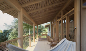 Varanda aberta com madeiramento do telhado aparente, estrutura de madeira e janelas de vidro.